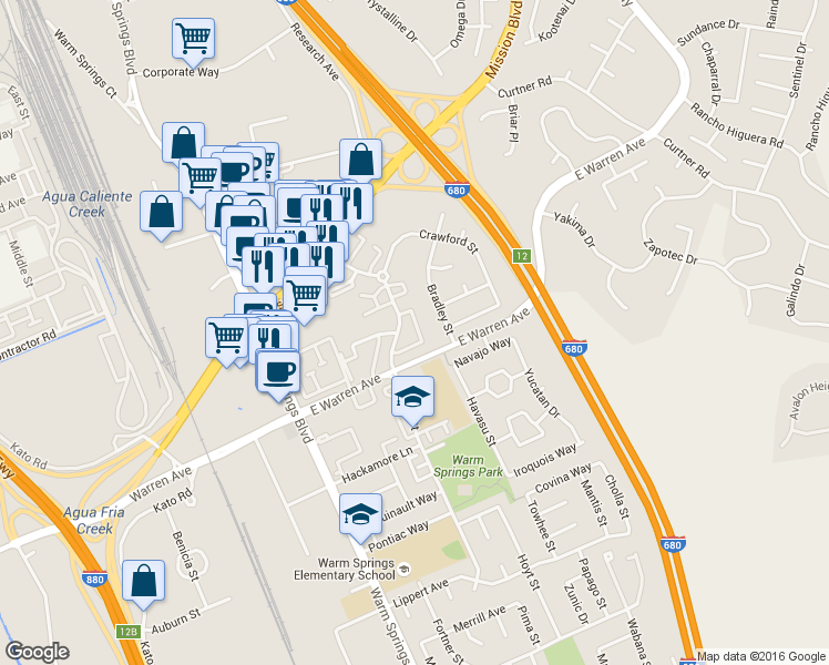 map of restaurants, bars, coffee shops, grocery stores, and more near 46892 Fernald Common in Fremont