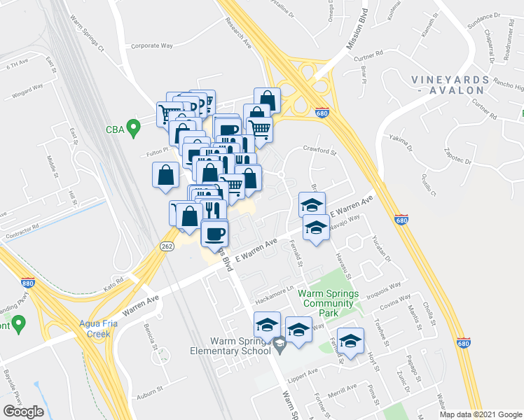 map of restaurants, bars, coffee shops, grocery stores, and more near 270 Franciscan Court in Fremont