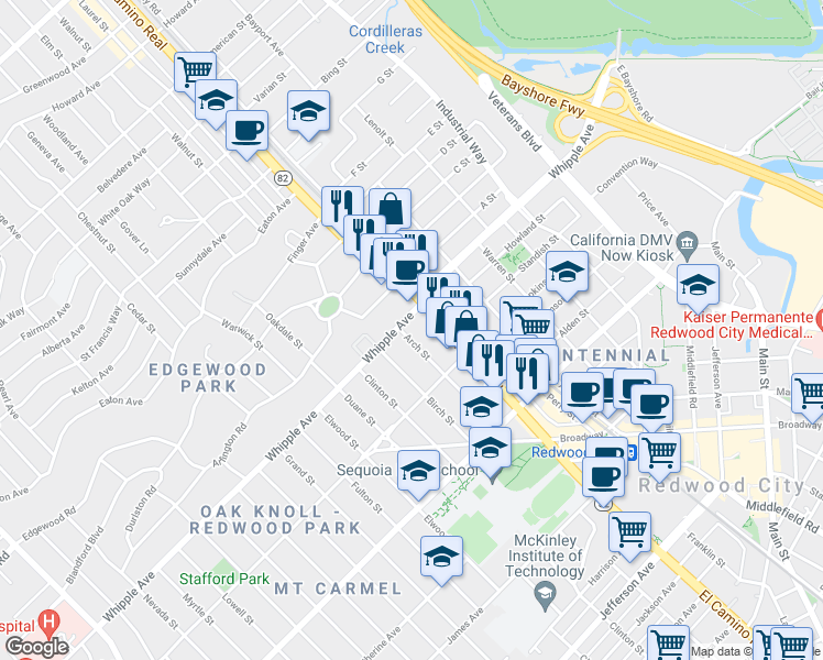map of restaurants, bars, coffee shops, grocery stores, and more near 530 El Camino Real in Redwood City