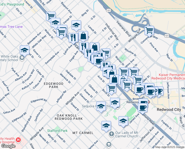 map of restaurants, bars, coffee shops, grocery stores, and more near 6 Arch Street in Redwood City
