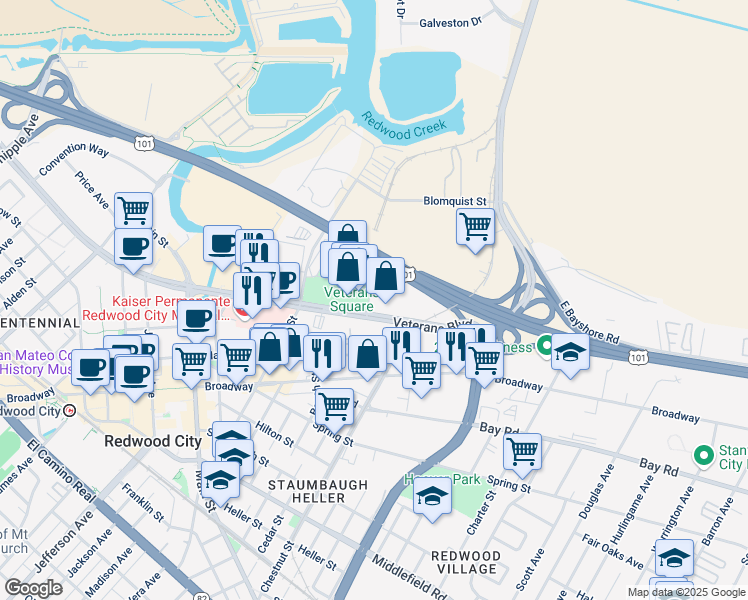 map of restaurants, bars, coffee shops, grocery stores, and more near 1020 Hansen Way in Redwood City