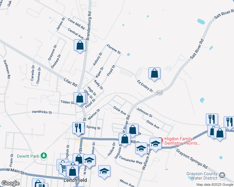 map of restaurants, bars, coffee shops, grocery stores, and more near 401 Johnson Street in Leitchfield
