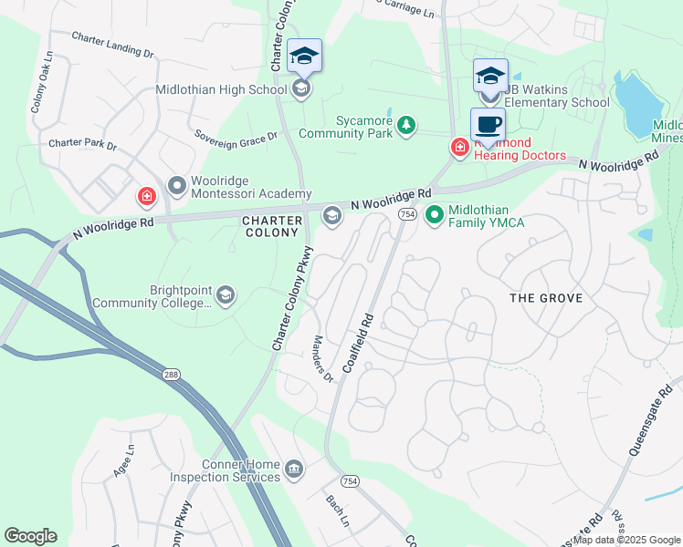 map of restaurants, bars, coffee shops, grocery stores, and more near 724 Bristol Village Drive in Midlothian