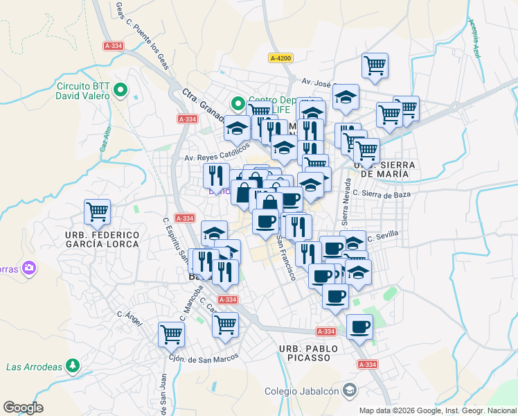 map of restaurants, bars, coffee shops, grocery stores, and more near 1 Calle Serrano in Baza