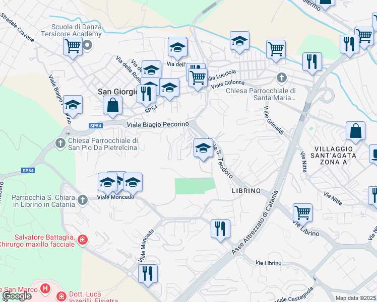 map of restaurants, bars, coffee shops, grocery stores, and more near 27 Viale San Teodoro in Città metropolitana di Catania