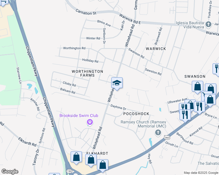 map of restaurants, bars, coffee shops, grocery stores, and more near 1210 Whitehead Road in Richmond