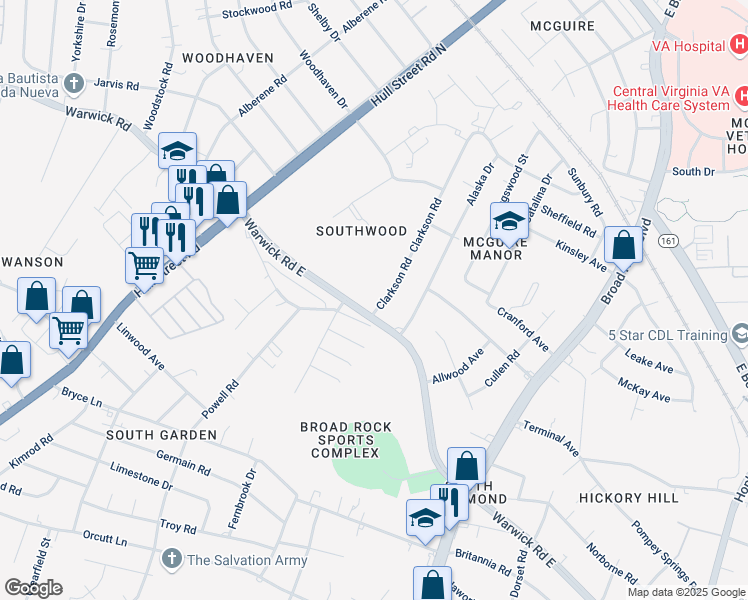 map of restaurants, bars, coffee shops, grocery stores, and more near 1748 Clarkson Road in Richmond