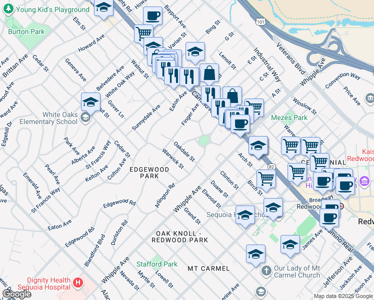 map of restaurants, bars, coffee shops, grocery stores, and more near 158 Oakdale Street in Redwood City