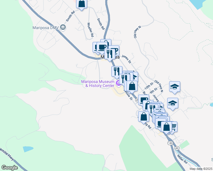 map of restaurants, bars, coffee shops, grocery stores, and more near 5020 Coakley Circle in Mariposa