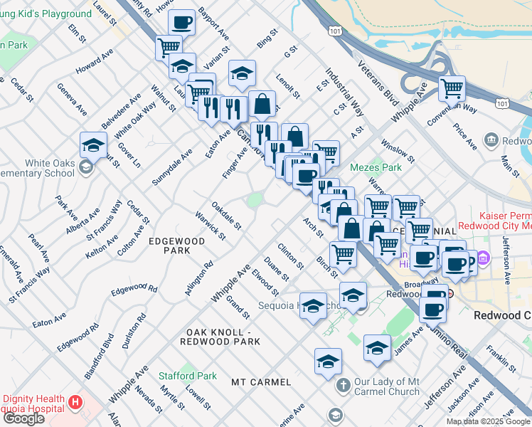 map of restaurants, bars, coffee shops, grocery stores, and more near 141 Wellesley Crescent in Redwood City