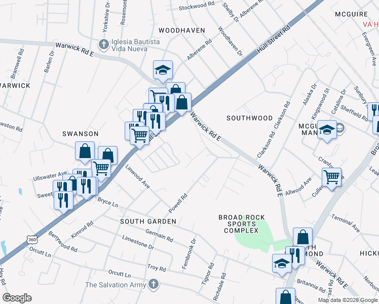 map of restaurants, bars, coffee shops, grocery stores, and more near 5135 Vivian Court in Richmond