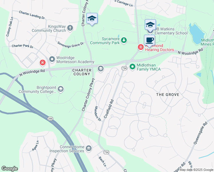 map of restaurants, bars, coffee shops, grocery stores, and more near 624 Abbey Village Circle in Midlothian