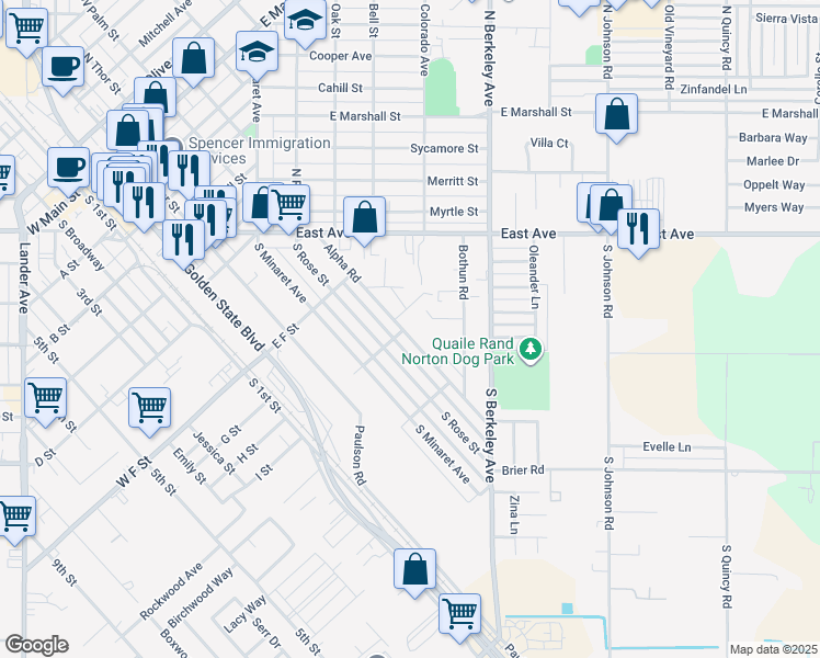 map of restaurants, bars, coffee shops, grocery stores, and more near 901 Alpha Road in Turlock