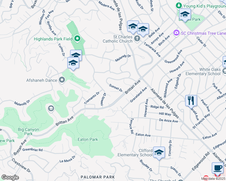 map of restaurants, bars, coffee shops, grocery stores, and more near 137 Wilshire Court in San Carlos