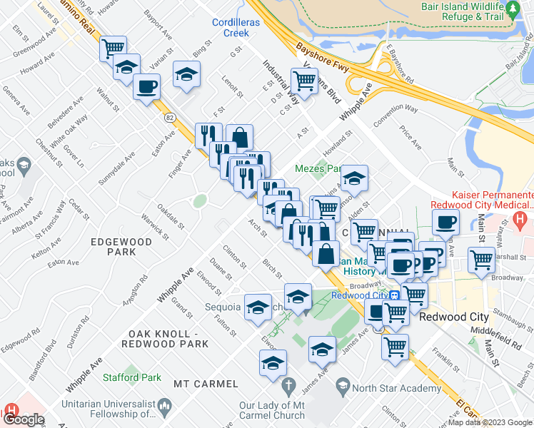 map of restaurants, bars, coffee shops, grocery stores, and more near 530 El Camino Real in Redwood City
