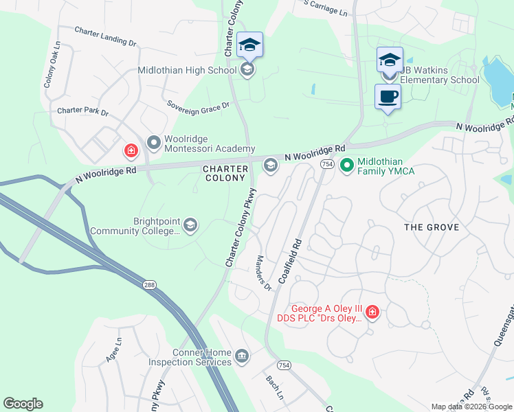 map of restaurants, bars, coffee shops, grocery stores, and more near 724 Bristol Village Drive in Midlothian