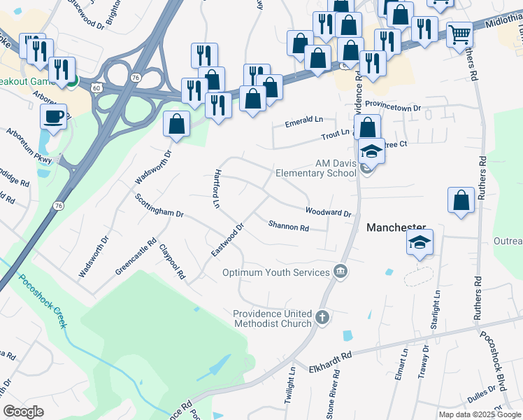 map of restaurants, bars, coffee shops, grocery stores, and more near 621 Eastwood Drive in Richmond