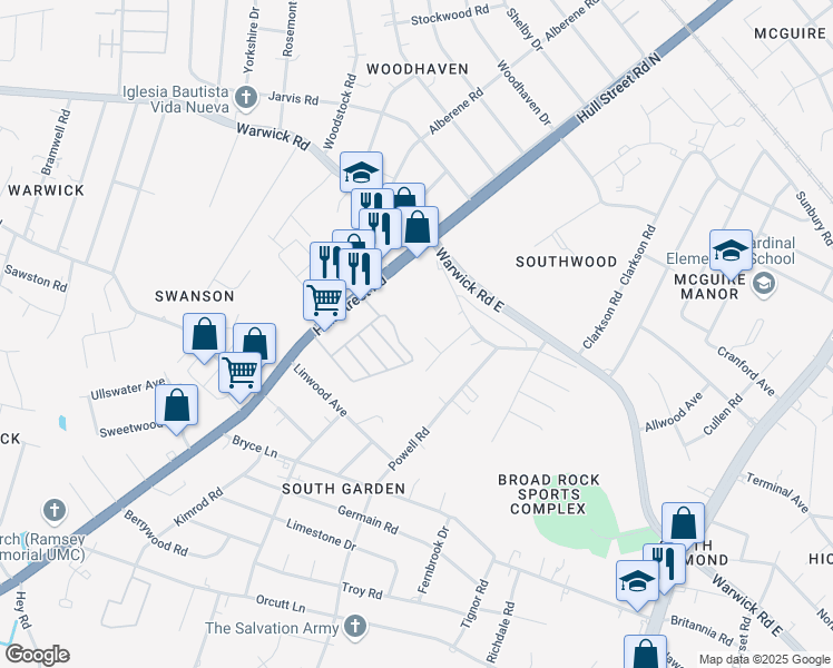 map of restaurants, bars, coffee shops, grocery stores, and more near 5143 Vivian Court in Richmond