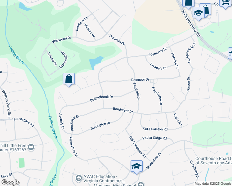 map of restaurants, bars, coffee shops, grocery stores, and more near 11760 Bollingbrook Drive in Richmond