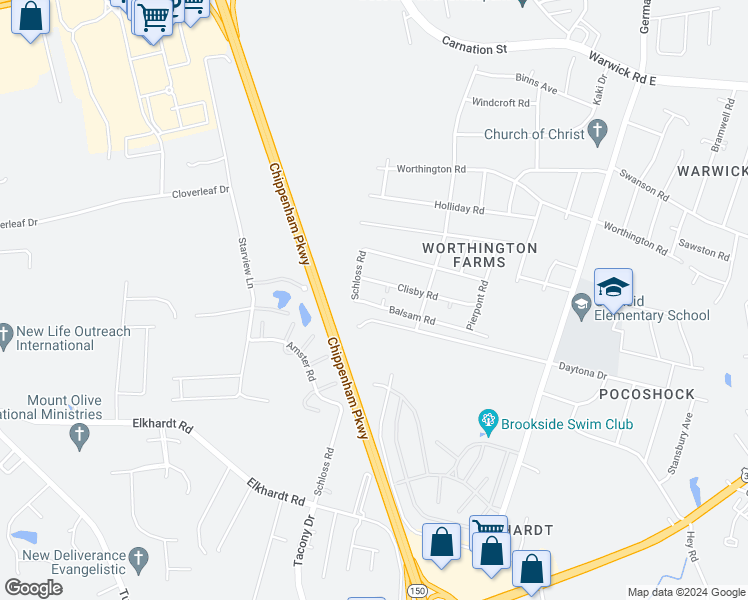 map of restaurants, bars, coffee shops, grocery stores, and more near 6542 Balsam Road in Richmond
