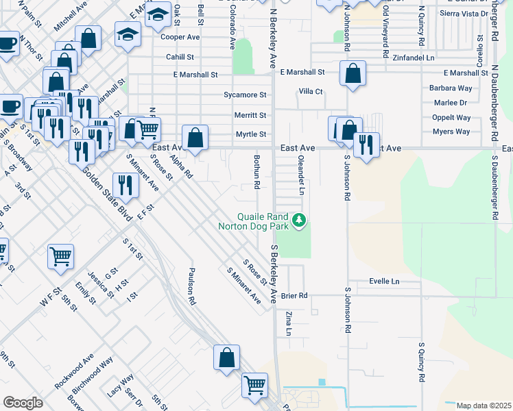 map of restaurants, bars, coffee shops, grocery stores, and more near 331 Bothun Road in Turlock