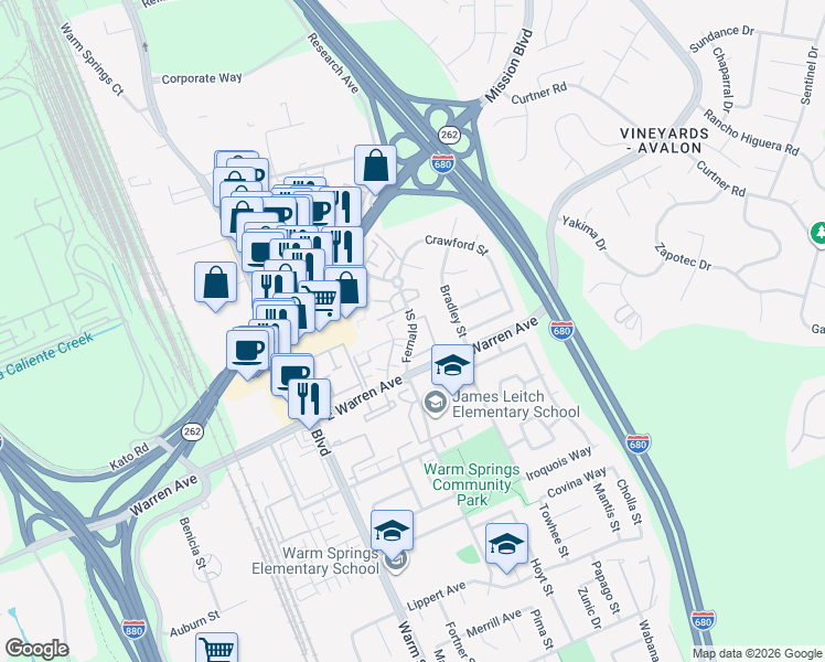 map of restaurants, bars, coffee shops, grocery stores, and more near 46867 Fernald Street in Fremont