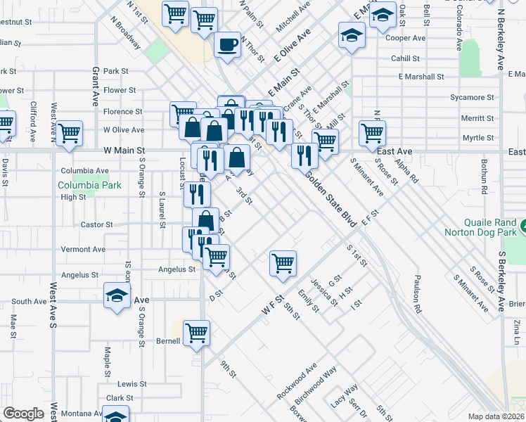 map of restaurants, bars, coffee shops, grocery stores, and more near 475 C Street in Turlock