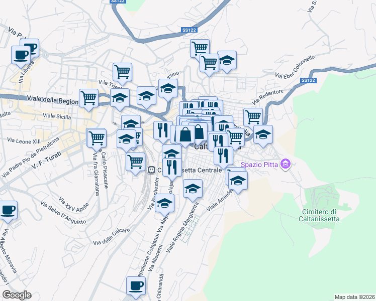 map of restaurants, bars, coffee shops, grocery stores, and more near 9 Via Atene in Caltanissetta