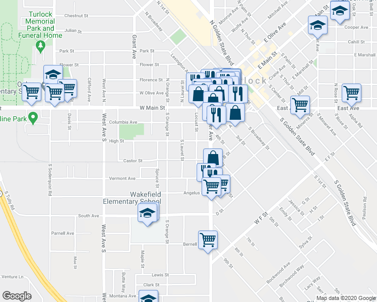 map of restaurants, bars, coffee shops, grocery stores, and more near 316 S Laurel St in Turlock