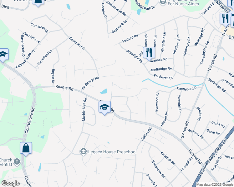 map of restaurants, bars, coffee shops, grocery stores, and more near 10024 Mosswood Road in Chesterfield County
