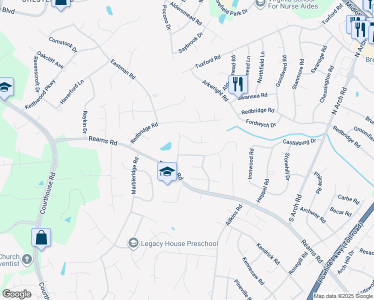 map of restaurants, bars, coffee shops, grocery stores, and more near 10024 Mosswood Road in Chesterfield County