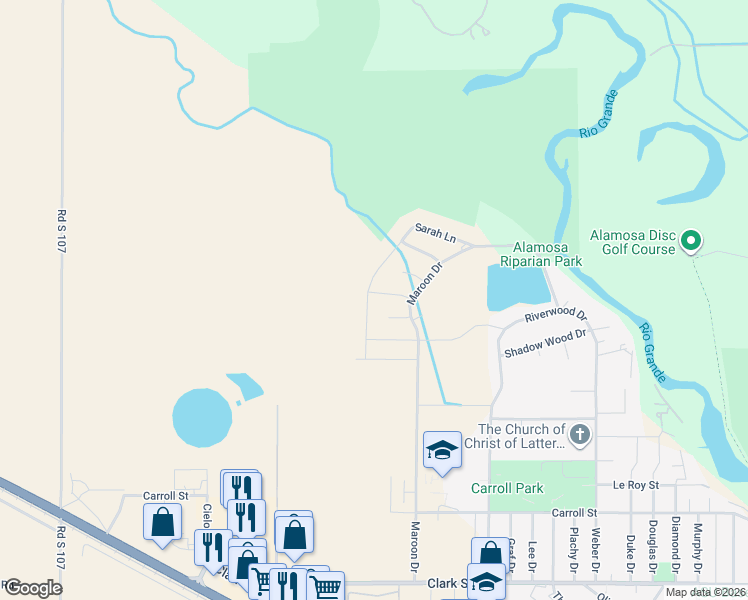 map of restaurants, bars, coffee shops, grocery stores, and more near 2712 Marsha Lane in Alamosa