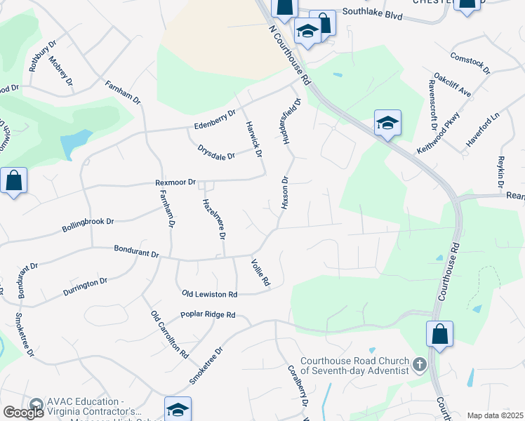 map of restaurants, bars, coffee shops, grocery stores, and more near 11205 Hixson Court in Chesterfield County