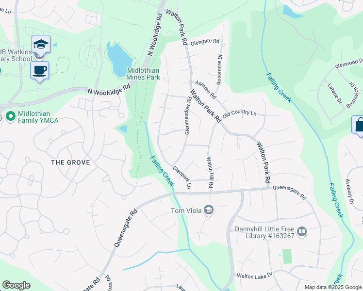 map of restaurants, bars, coffee shops, grocery stores, and more near 600 Glenmeadow Road in Midlothian