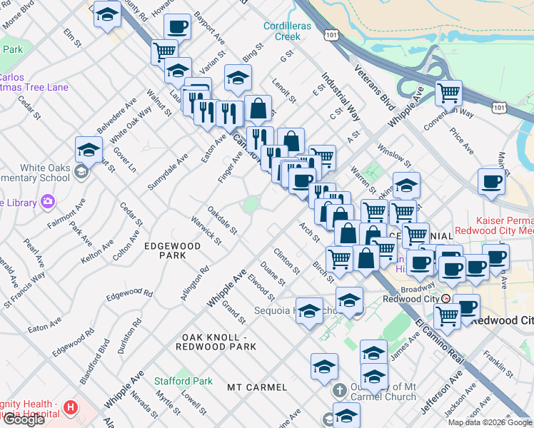 map of restaurants, bars, coffee shops, grocery stores, and more near 141 Wellesley Crescent in Redwood City