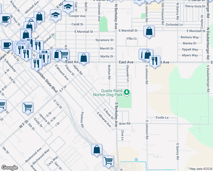 map of restaurants, bars, coffee shops, grocery stores, and more near 291 Bothun Road in Turlock