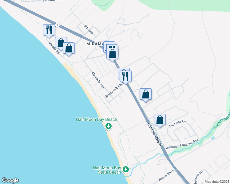map of restaurants, bars, coffee shops, grocery stores, and more near 314 Roosevelt Boulevard in Half Moon Bay