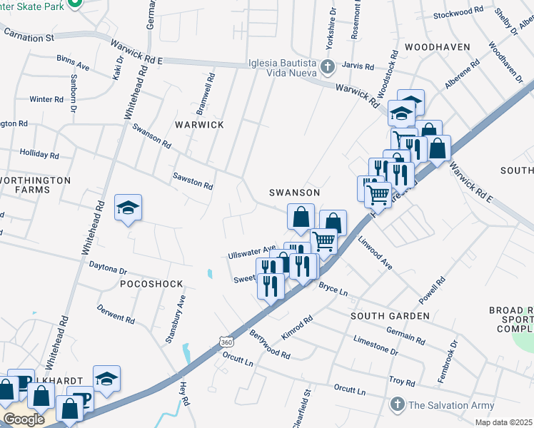 map of restaurants, bars, coffee shops, grocery stores, and more near 1521 Silverwood Drive in Richmond