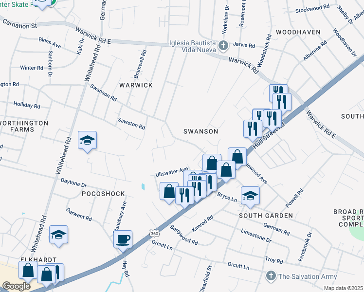map of restaurants, bars, coffee shops, grocery stores, and more near 1521 Silverwood Drive in Richmond