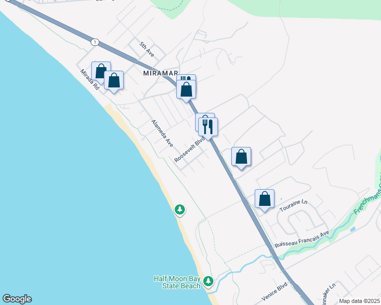 map of restaurants, bars, coffee shops, grocery stores, and more near 314 Roosevelt Boulevard in Half Moon Bay