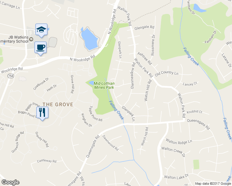 map of restaurants, bars, coffee shops, grocery stores, and more near 619 Glenpark Lane in Midlothian