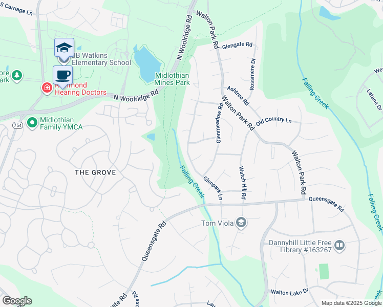 map of restaurants, bars, coffee shops, grocery stores, and more near 619 Glenpark Lane in Midlothian