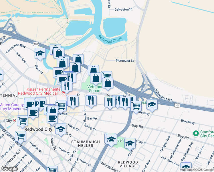 map of restaurants, bars, coffee shops, grocery stores, and more near 1020 Hansen Way in Redwood City