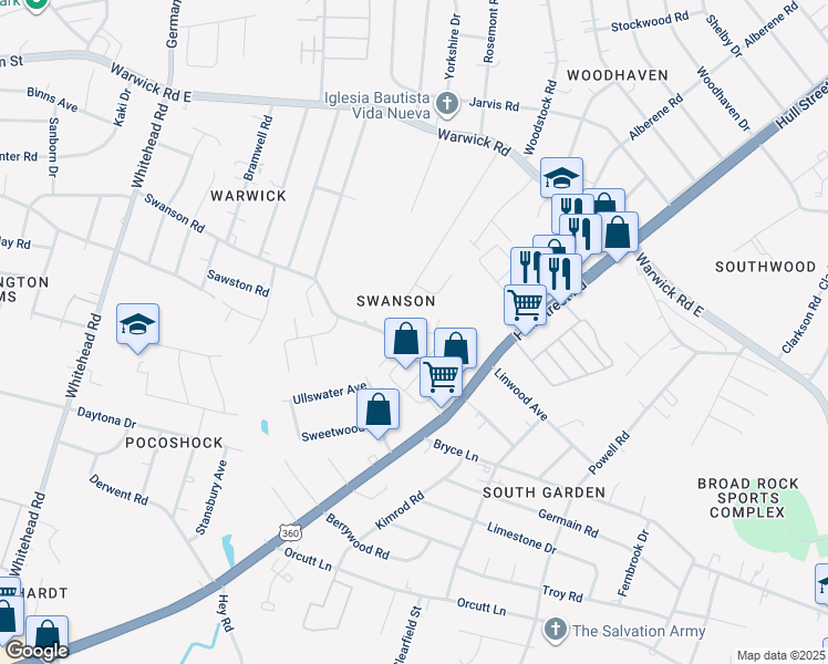 map of restaurants, bars, coffee shops, grocery stores, and more near 5631 Marc Manor Court in Richmond