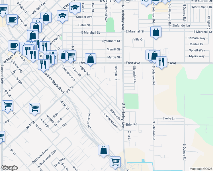 map of restaurants, bars, coffee shops, grocery stores, and more near 331 Bothun Road in Turlock