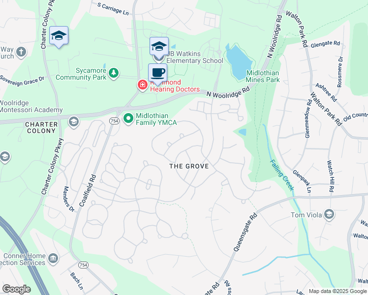 map of restaurants, bars, coffee shops, grocery stores, and more near 13701 Grove Pond Drive in Midlothian