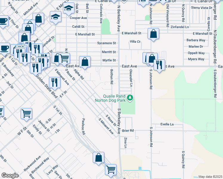map of restaurants, bars, coffee shops, grocery stores, and more near 331 Bothun Road in Turlock