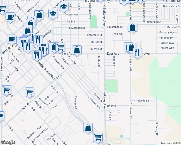 map of restaurants, bars, coffee shops, grocery stores, and more near 331 Bothun Road in Turlock