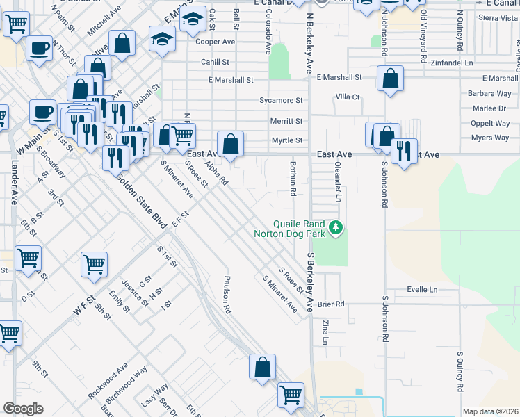 map of restaurants, bars, coffee shops, grocery stores, and more near 910 Alpha Road in Turlock