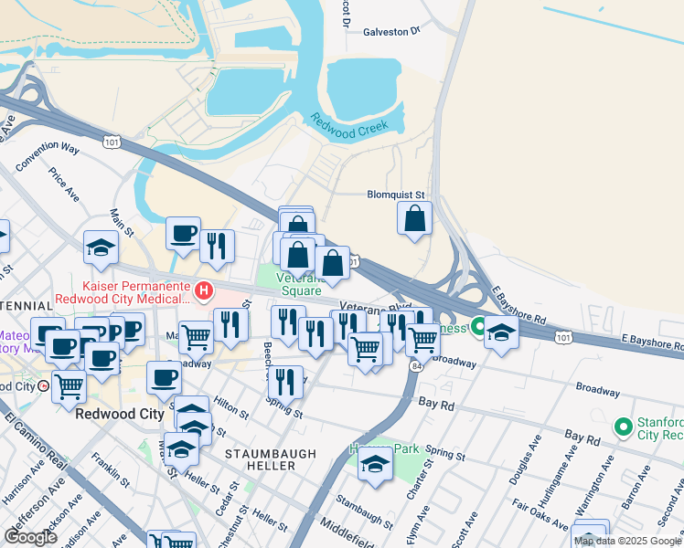 map of restaurants, bars, coffee shops, grocery stores, and more near 1475 Veterans Boulevard in Redwood City